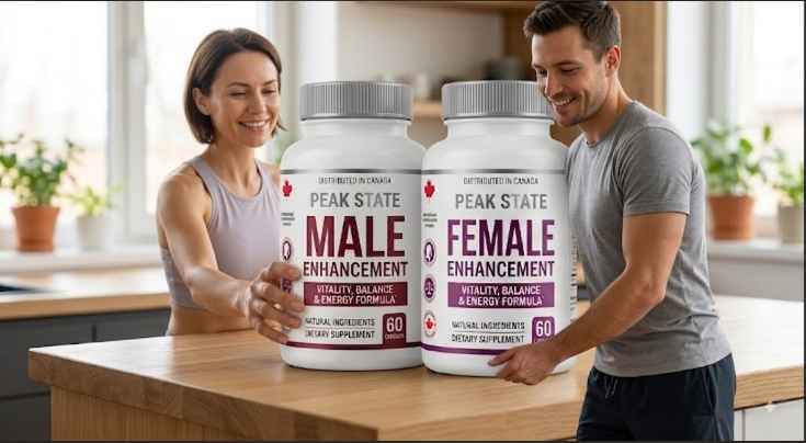 Couple with Peak State Male and Female Enhancement bottles in a Canadian kitchen