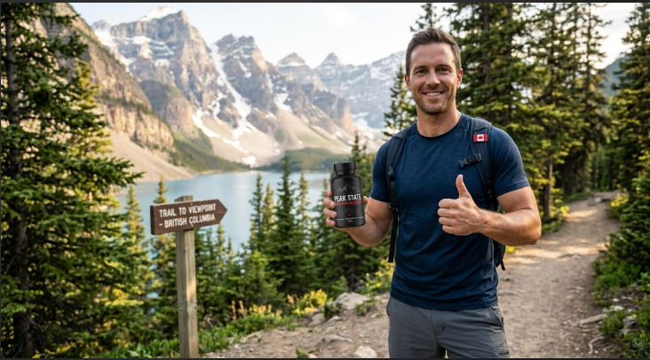 Canadian man holding a Peak State Male Enhancement bottle on a mountain trail